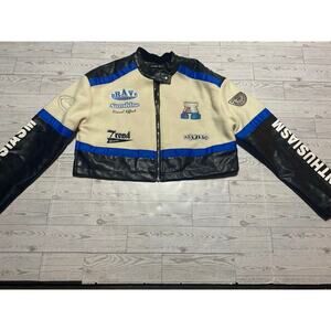 SHEIN Cropped Faux Leather Varsity Jacket Black Cream Blue Sz Small